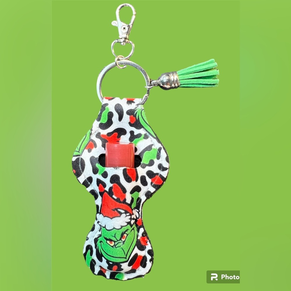 Grinch Leopard Print Christmas Chapstick Lipstick Holder Keychain